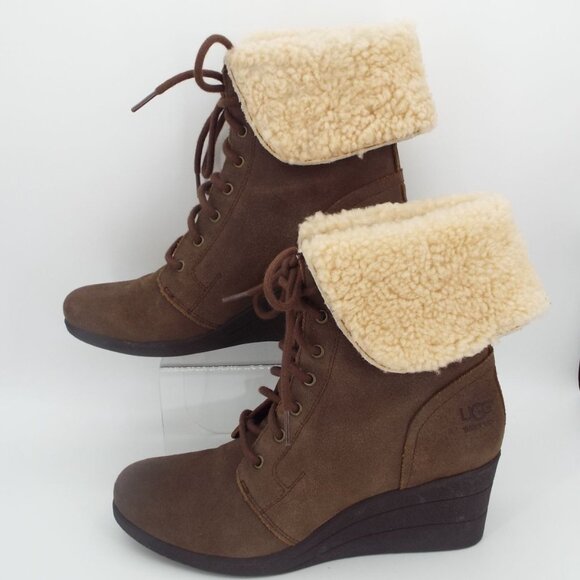 UGG Zea 1003360 Brown Waterproof Leather Shearling Lined Wedge Boots - Picture 1 of 10